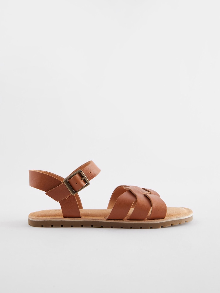 Tan Brown Standard Fit (F) Leather Woven Sandals - Image 2 of 5