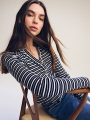 Ecru White/Navy Blue Ribbed Button Detail Long Sleeve Henley Top - Image 1 of 6