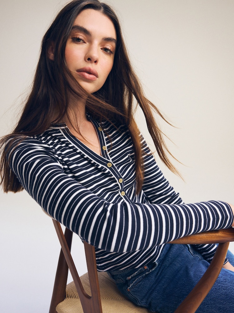 Ecru White/Navy Blue Ribbed Button Detail Long Sleeve Henley Top - Image 1 of 6
