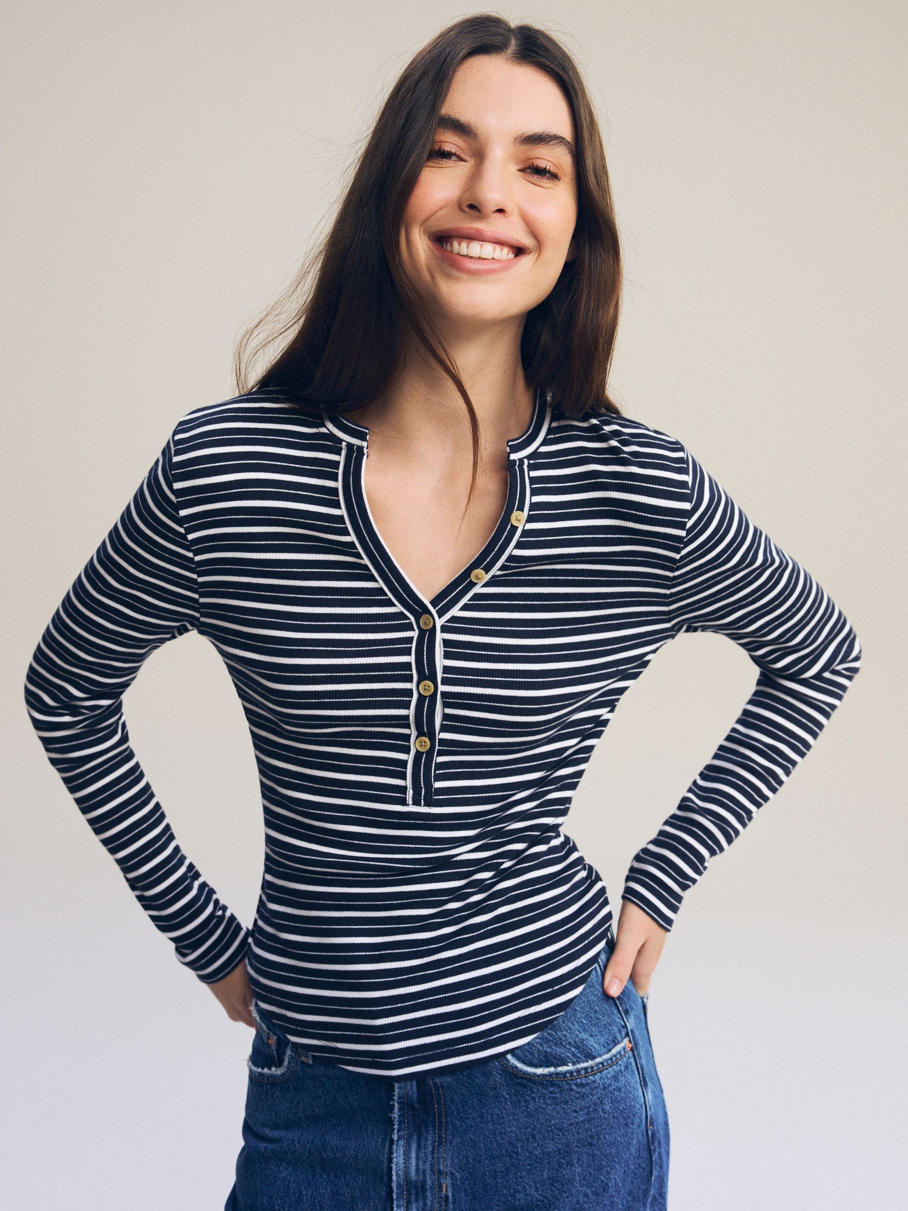 Buy Ecru White/Navy Blue Ribbed Button Detail Long Sleeve Henley Top from  Next USA