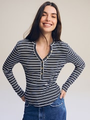 Ecru White/Navy Blue Ribbed Button Detail Long Sleeve Henley Top - Image 2 of 6