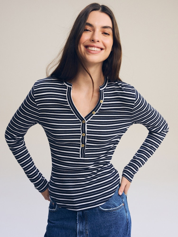 Ecru White/Navy Blue Ribbed Button Detail Long Sleeve Henley Top - Image 2 of 6