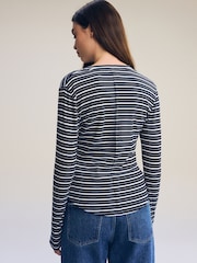 Ecru White/Navy Blue Ribbed Button Detail Long Sleeve Henley Top - Image 3 of 6