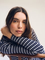 Ecru White/Navy Blue Ribbed Button Detail Long Sleeve Henley Top - Image 4 of 6