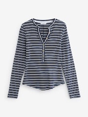 Ecru White/Navy Blue Ribbed Button Detail Long Sleeve Henley Top - Image 5 of 6