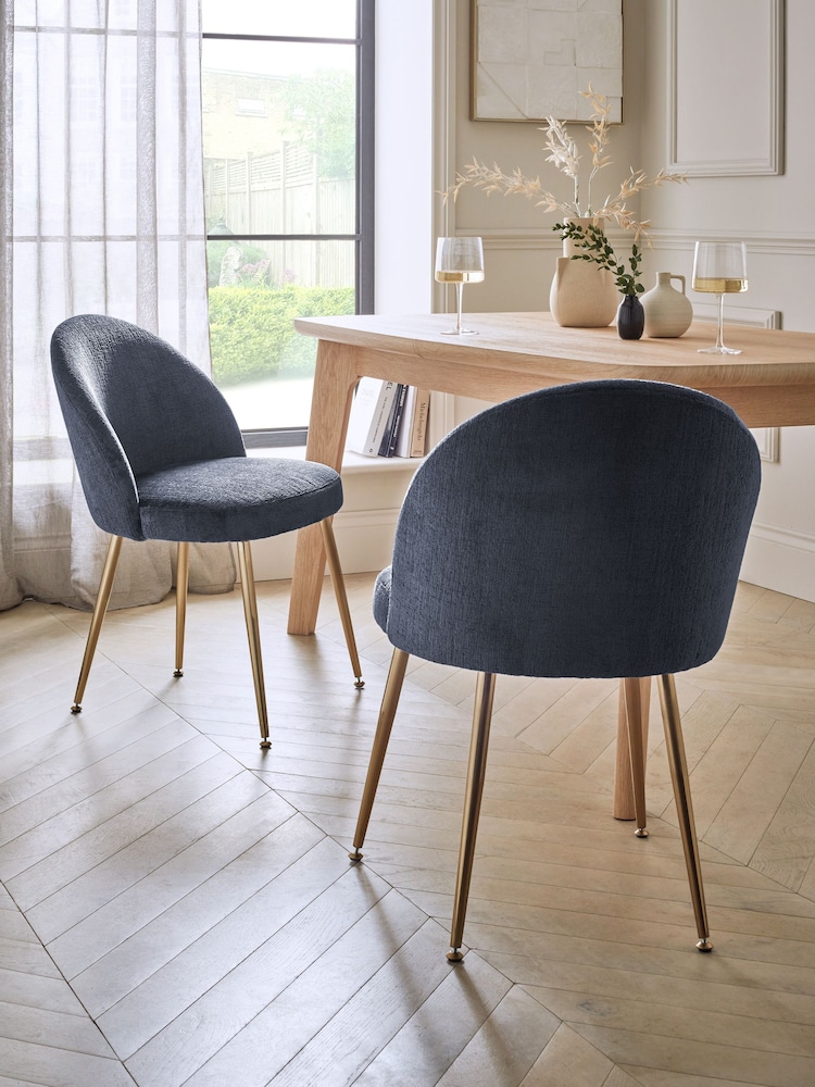 Set of 2 Plush Chenille Slate Blue Newman Gold Effect Leg Dining Chairs - Image 1 of 7
