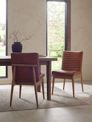 Set of 2 Distressed Faux Leather Tan Brown Atlas Dark Wood Leg Dining Chairs - Image 1 of 10