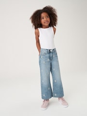 Mid Blue Denim Floral Embroidered 100% Cotton Wide Leg Jeans (3-16yrs) - Image 1 of 7