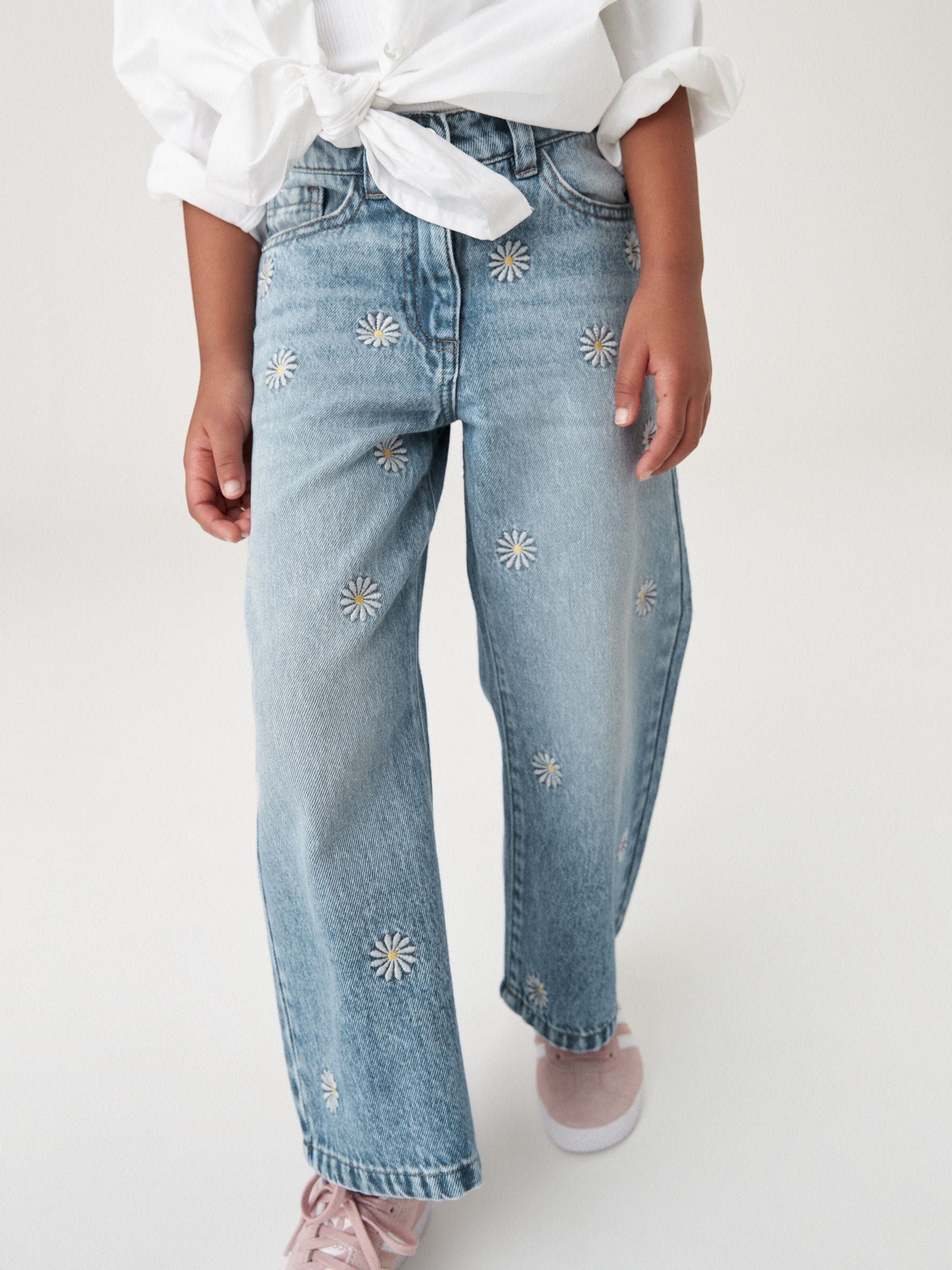 Buy Mid Blue Denim Floral Embroidered 100 Cotton Wide Leg Jeans 3 16yrs from Next Luxembourg