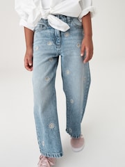 Mid Blue Denim Floral Embroidered 100% Cotton Wide Leg Jeans (3-16yrs) - Image 2 of 7