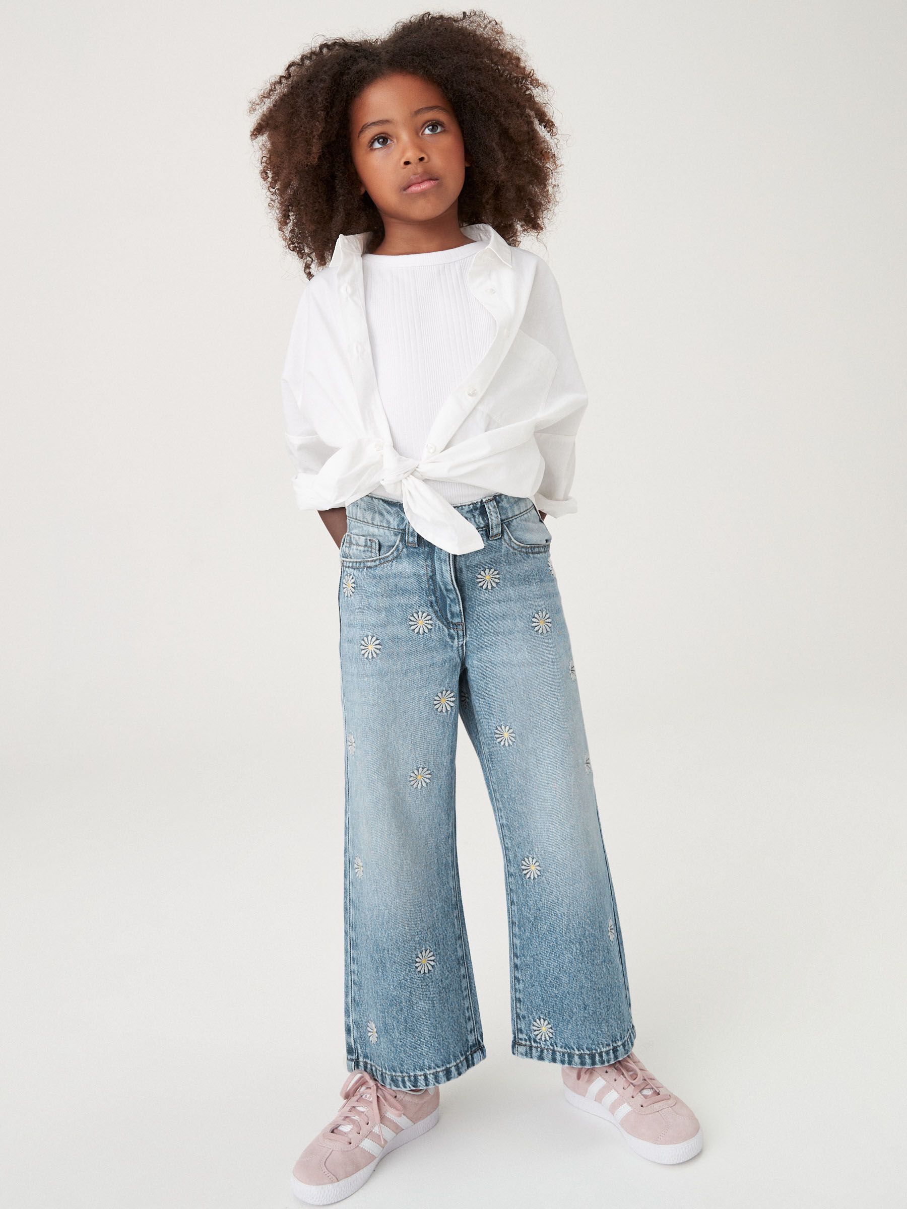 Buy Mid Blue Denim Floral Embroidered 100% Cotton Wide Leg Buy Mid Blue Denim Floral Embroidered 100% Cotton Wide Leg