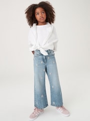 Mid Blue Denim Floral Embroidered 100% Cotton Wide Leg Jeans (3-16yrs) - Image 3 of 7