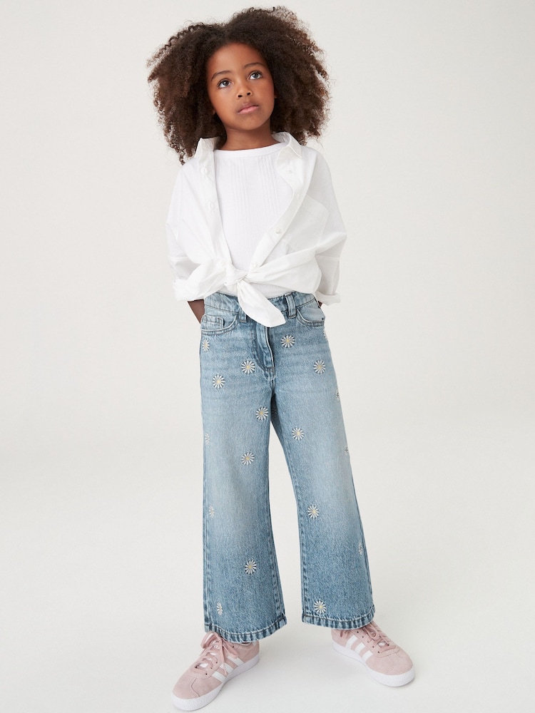 Mid Blue Denim Floral Embroidered 100% Cotton Wide Leg Jeans (3-16yrs) - Image 3 of 7