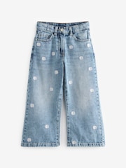 Mid Blue Denim Floral Embroidered 100% Cotton Wide Leg Jeans (3-16yrs) - Image 5 of 7