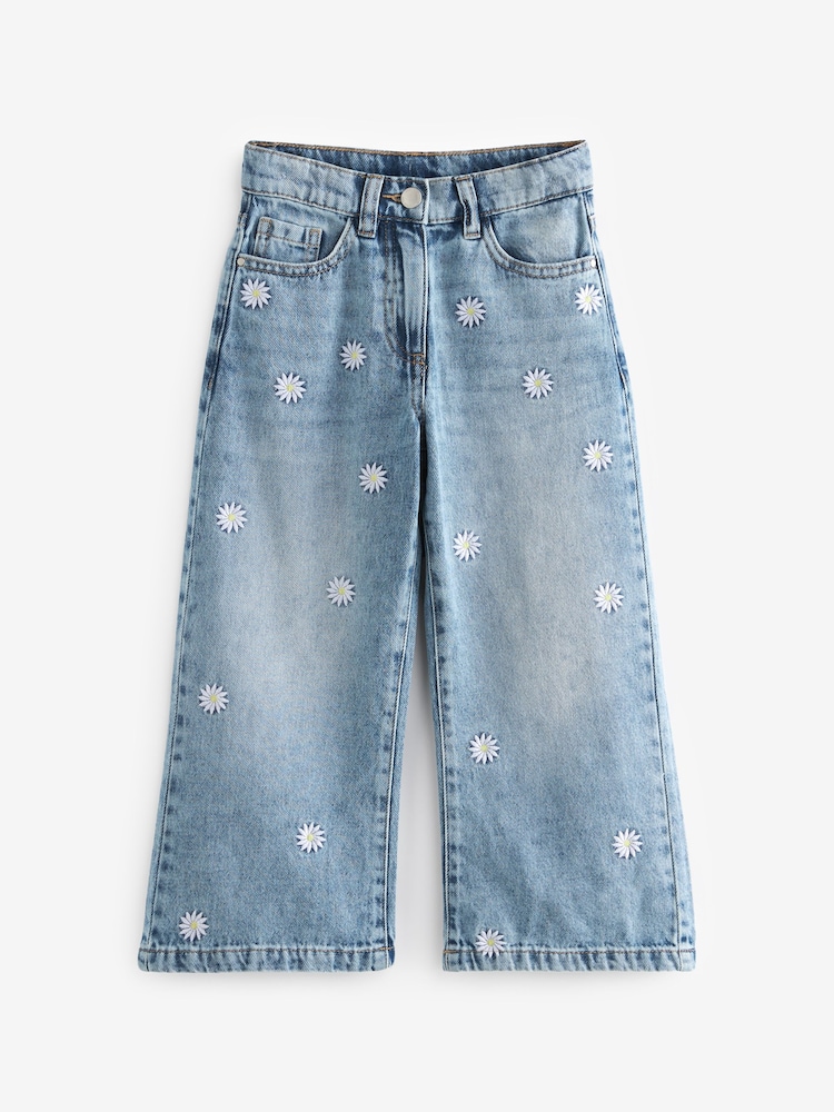 Mid Blue Denim Floral Embroidered 100% Cotton Wide Leg Jeans (3-16yrs) - Image 5 of 7