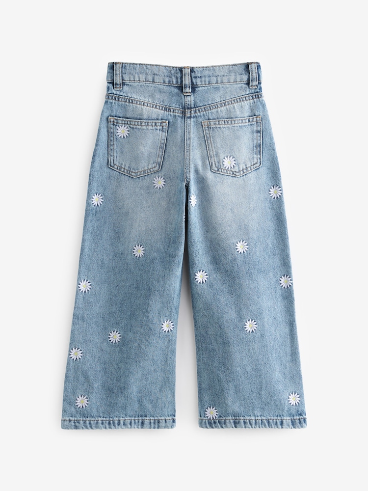 Mid Blue Denim Floral Embroidered 100% Cotton Wide Leg Jeans (3-16yrs) - Image 6 of 7