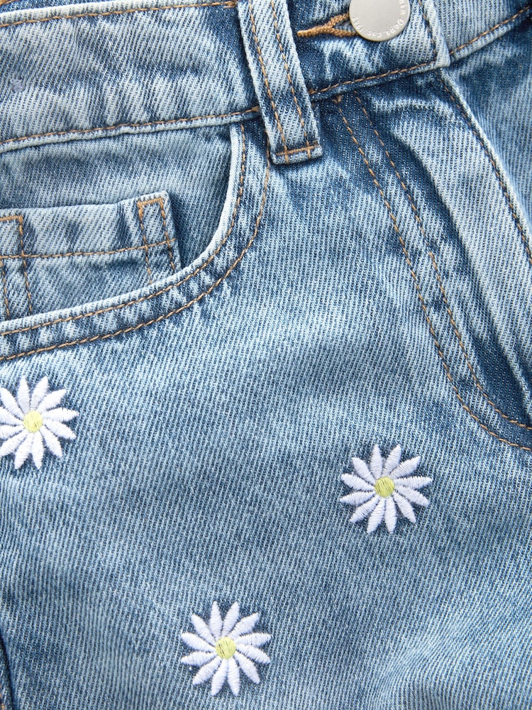 Mid Blue Denim Floral Embroidered 100% Cotton Wide Leg Jeans (3-16yrs) - Image 7 of 7