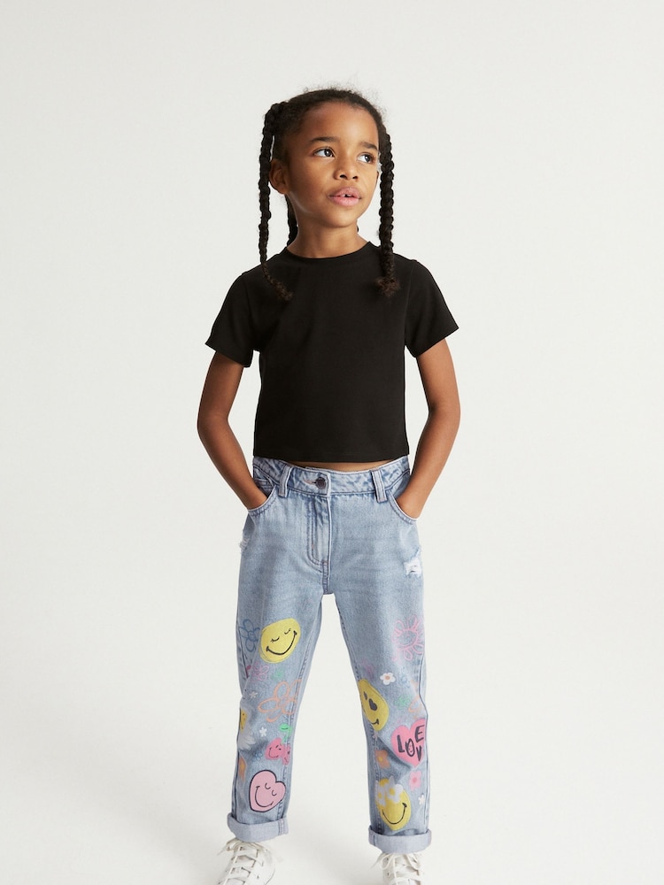 Mid Blue Denim Mom 100% Cotton Smiley World Jeans (3-16yrs) - Image 1 of 8