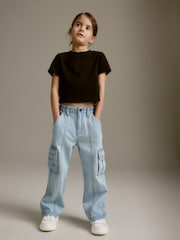 Light Blue Denim 100% Cotton Wide Leg Cargo Jeans (3-16yrs) - Image 1 of 7