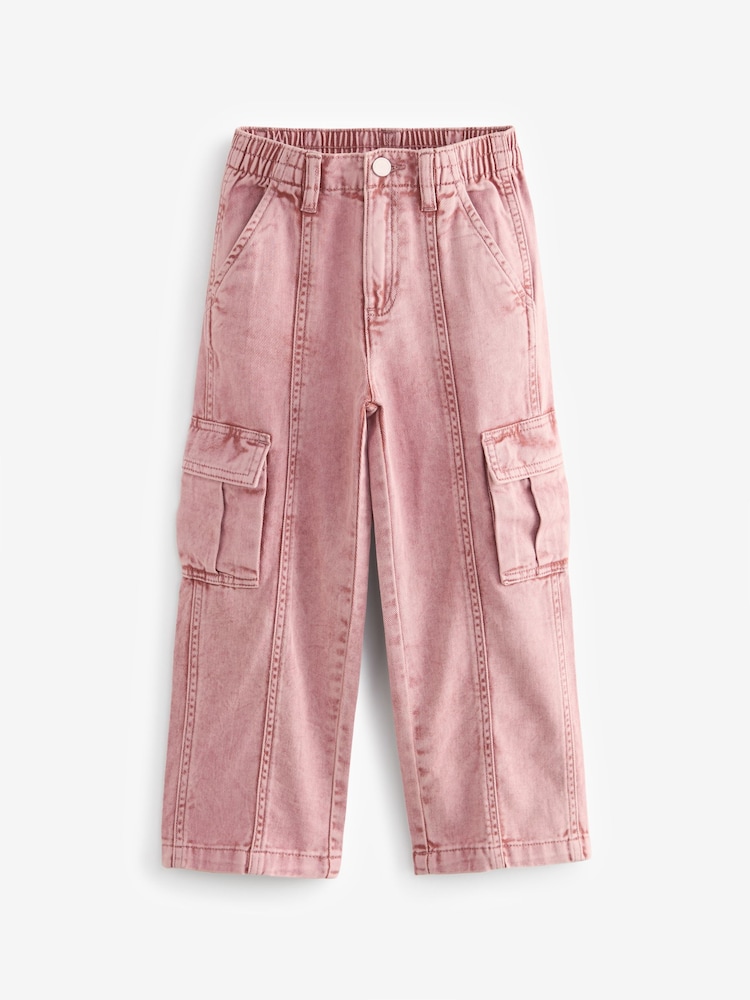 Pink 100% Cotton Wide Leg Cargo Jeans (3-16yrs) - Image 1 of 3