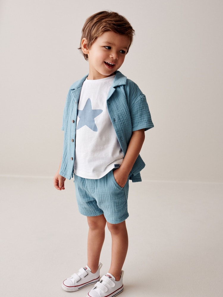 Blue Short Sleeves Textured 100% Cotton Shirt and Shorts Set (3mths-12yrs) - Image 1 of 9