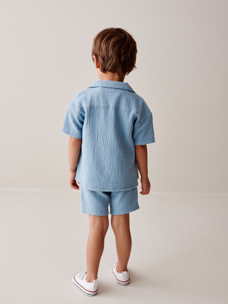 Blue Short Sleeves Textured 100% Cotton Shirt and Shorts Set (3mths-12yrs) - Image 2 of 9