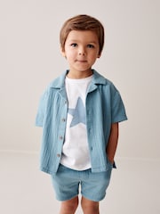 Blue Short Sleeves Textured 100% Cotton Shirt and Shorts Set (3mths-12yrs) - Image 3 of 9
