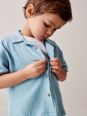 Blue Short Sleeves Textured 100% Cotton Shirt and Shorts Set (3mths-12yrs) - Image 4 of 9