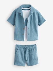 Blue Short Sleeves Textured 100% Cotton Shirt and Shorts Set (3mths-12yrs) - Image 5 of 9