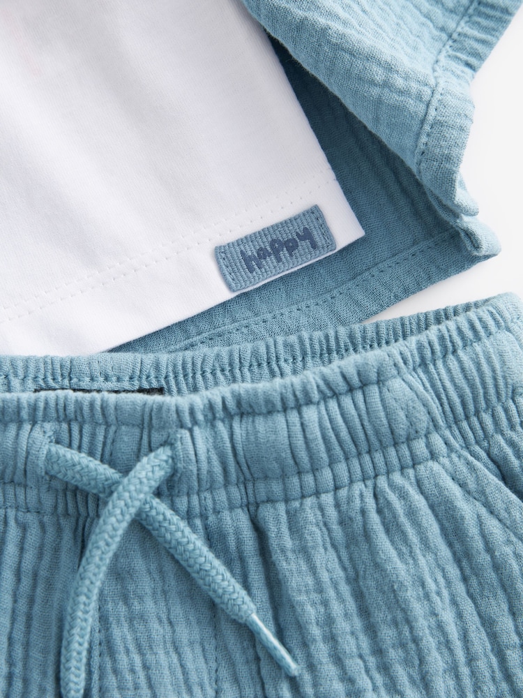 Blue Short Sleeves Textured 100% Cotton Shirt and Shorts Set (3mths-12yrs) - Image 9 of 9