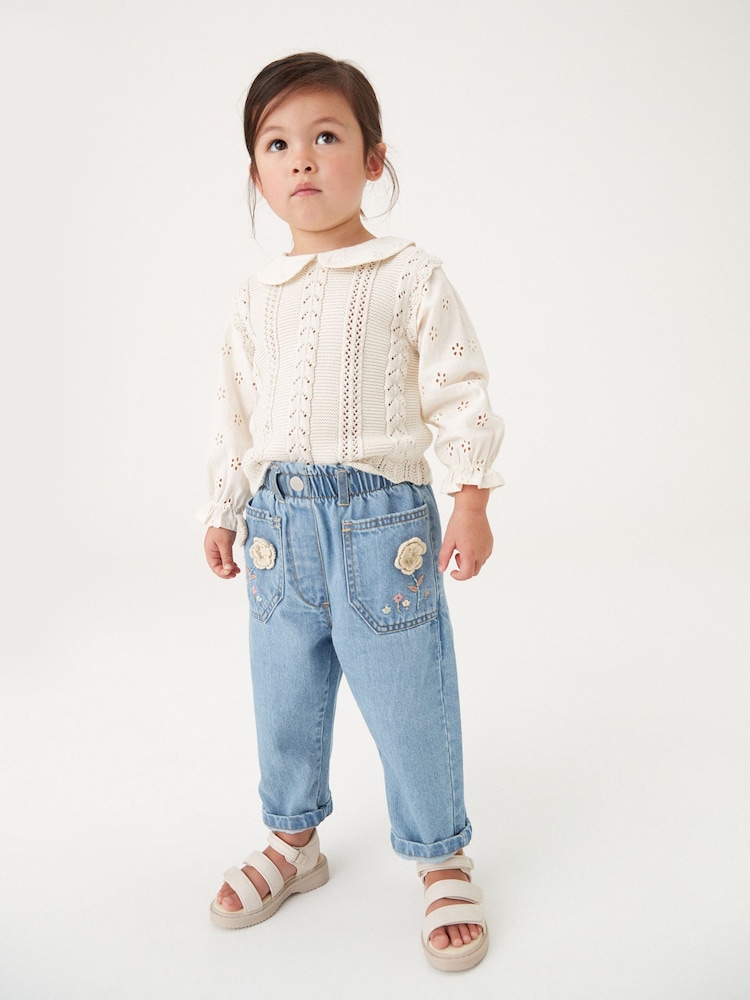 Mid Blue Denim Crochet Flower Slouchy Jeans (3mths-7yrs) - Image 1 of 6 Mid Blue Denim Crochet Flower Slouchy Jeans (3mths-7yrs) - Image 1 of 6