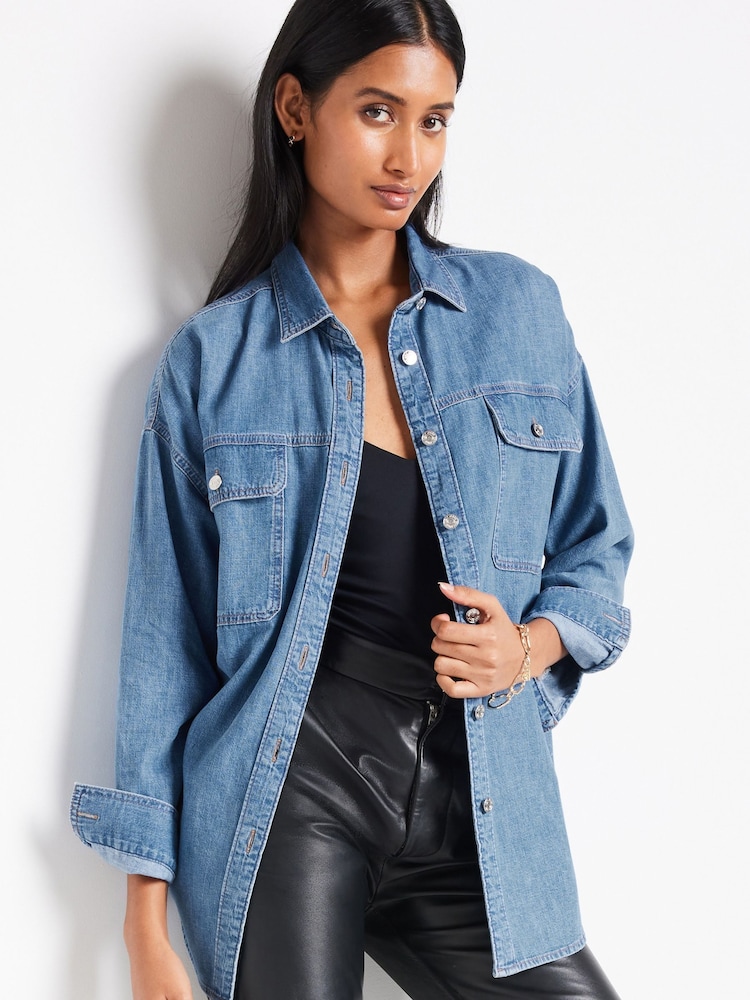 Srednje modra - Oversized denim 100% bombaž srajce - Slika 1 iz 6