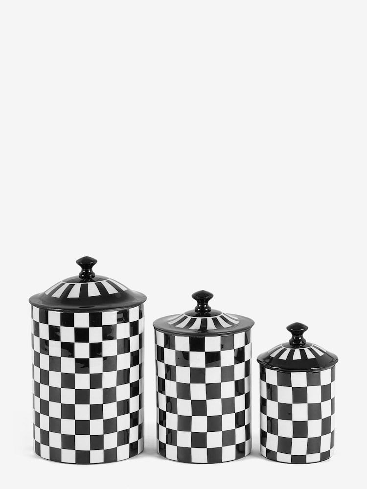 Rockett St George Set of 3 Black/White Checkerboard Nesting Enamel Storage Tins - Image 2 of 5