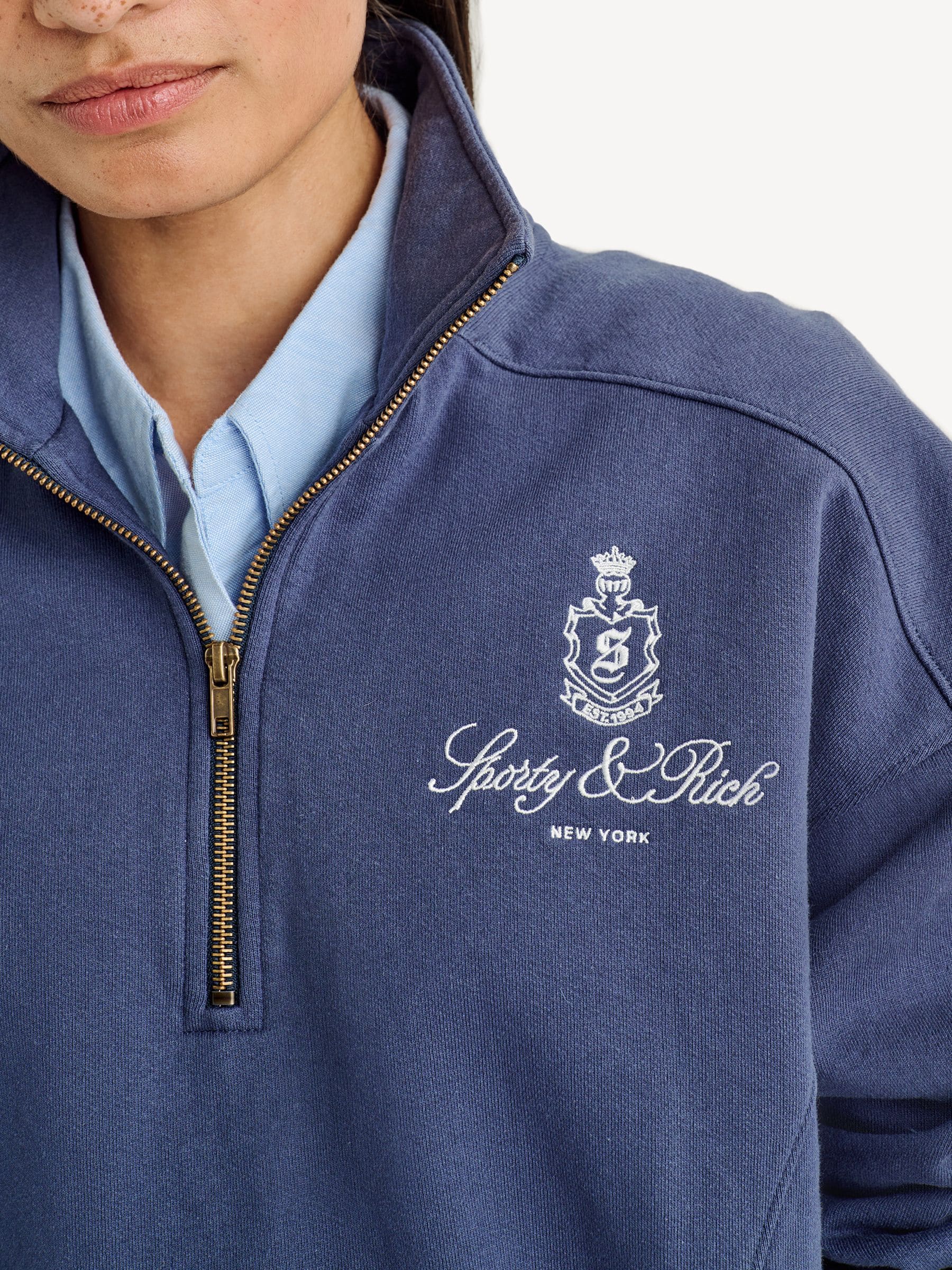 Sporty & Rich Blue Vendome Embroidered Quarter Zip Sporty & Rich Blue Vendome Embroidered Quarter Zip