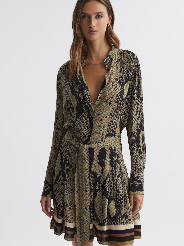 Reiss Brown Rory Snake Print Belted Mini Dress - Image 1 of 4