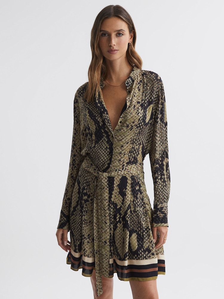 Reiss Brown Rory Snake Print Belted Mini Dress - Image 1 of 4 Reiss Brown Rory Snake Print Belted Mini Dress - Image 1 of 4