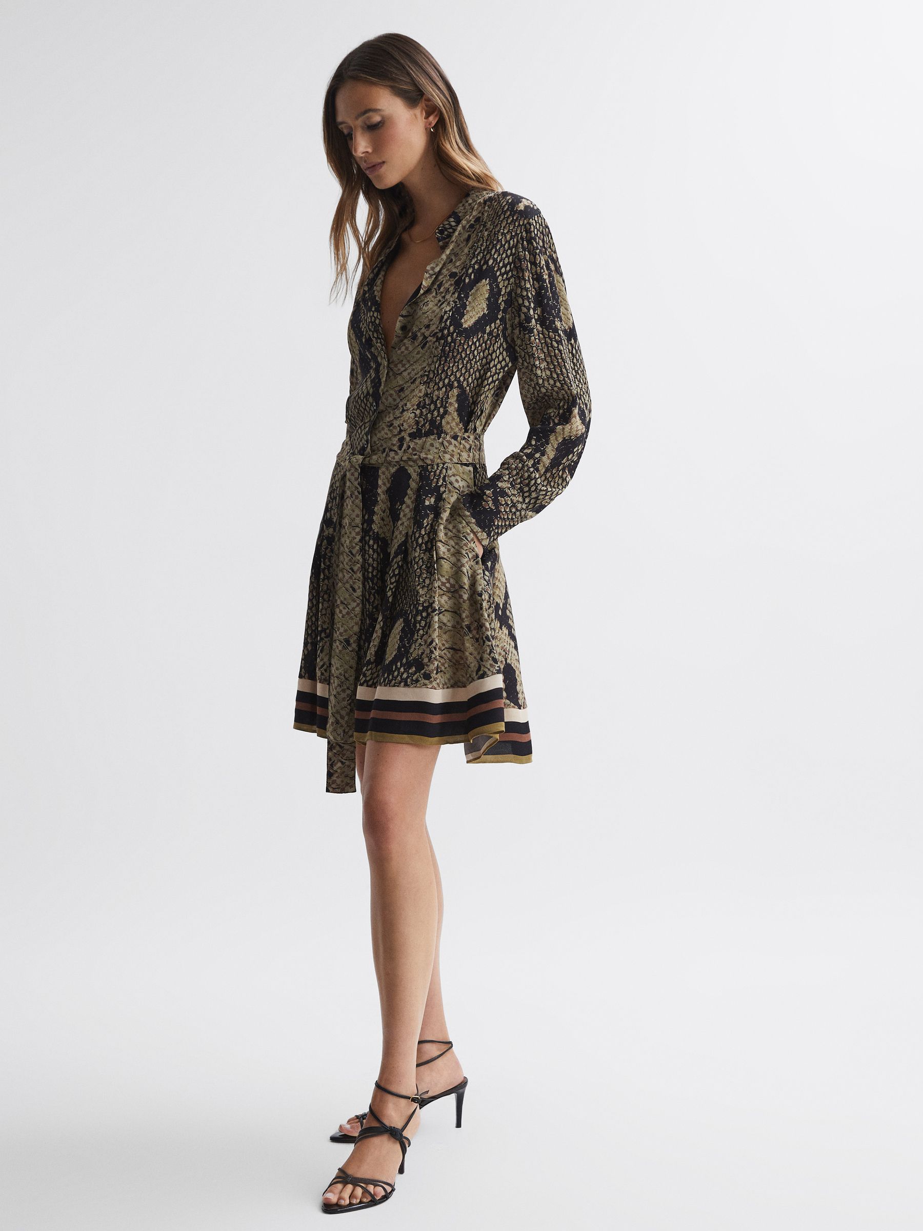 Buy Reiss Brown Rory Snake Print Belted Mini Dress from the