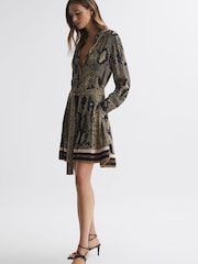 Reiss Brown Rory Snake Print Belted Mini Dress - Image 3 of 4