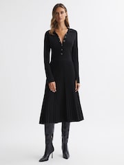 Reiss Black Mia Knitted Pleated Midi Dress - Image 1 of 5