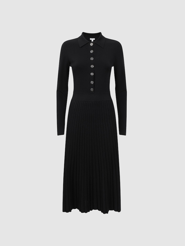 Reiss Black Mia Knitted Pleated Midi Dress - Image 2 of 5