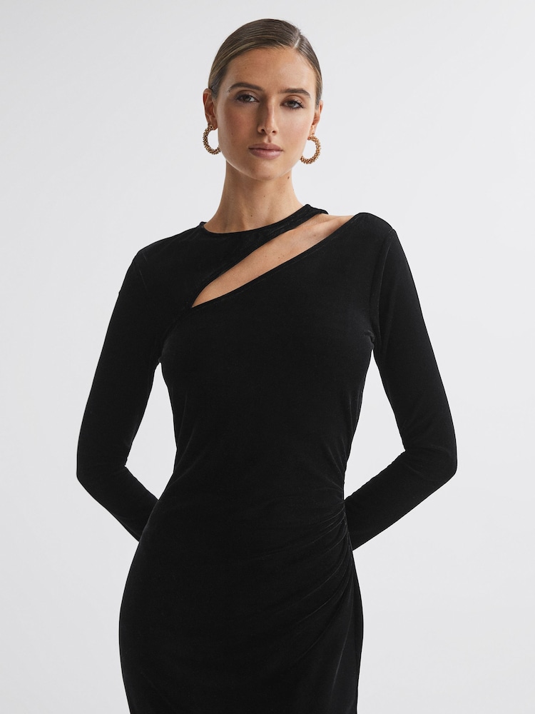Reiss Black Macey Petite Velvet Cut-Out Midi Dress - Image 1 of 5