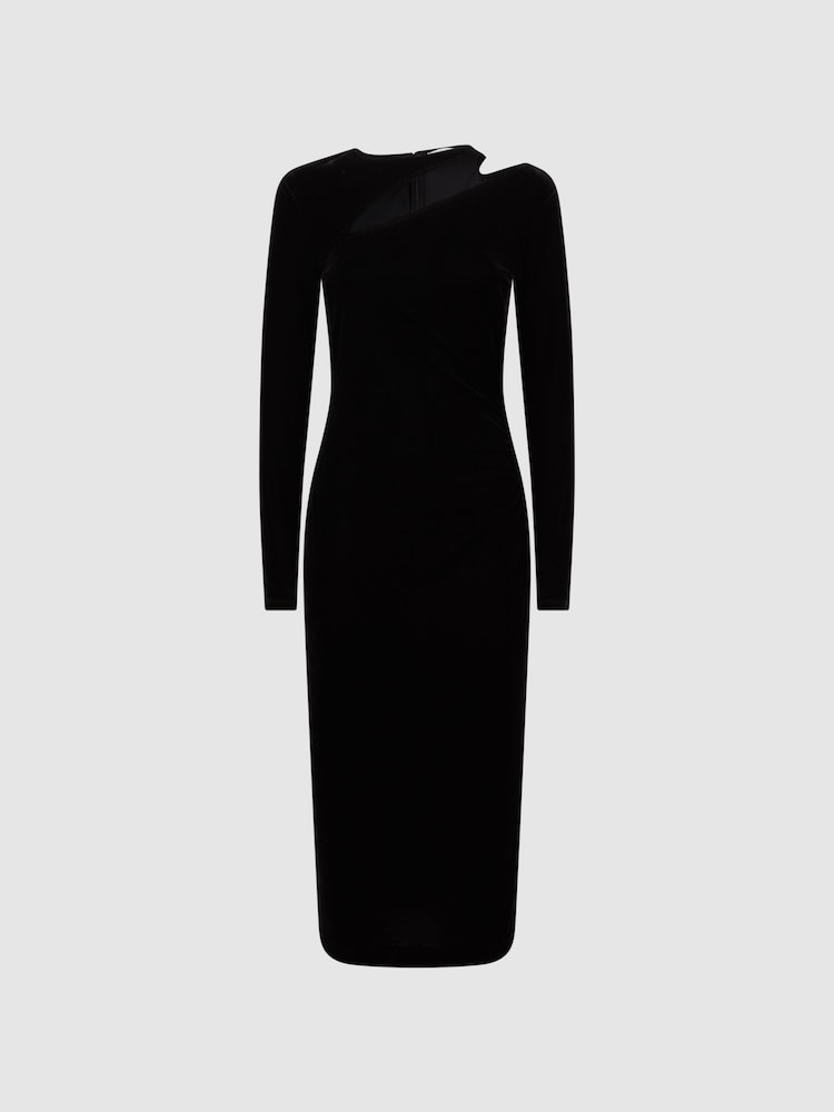 Reiss Black Macey Petite Velvet Cut-Out Midi Dress - Image 2 of 5