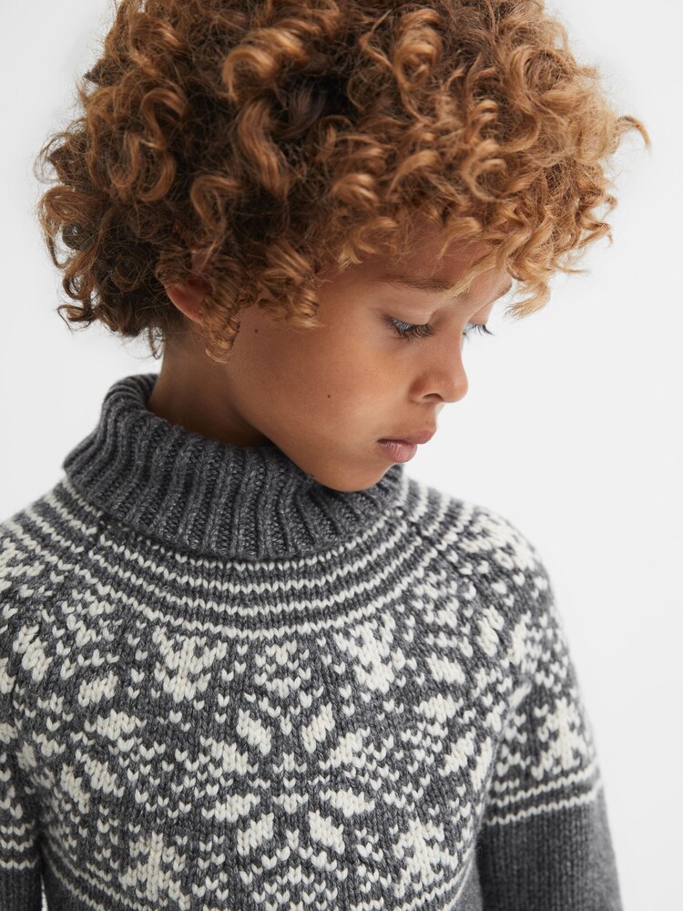 Reiss Charcoal Melange Abbotsford Knitted Fair Isle Pattern Roll Neck Jumper - Image 1 of 6