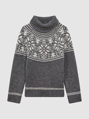 Reiss Charcoal Melange Abbotsford Knitted Fair Isle Pattern Roll Neck Jumper - Image 2 of 6