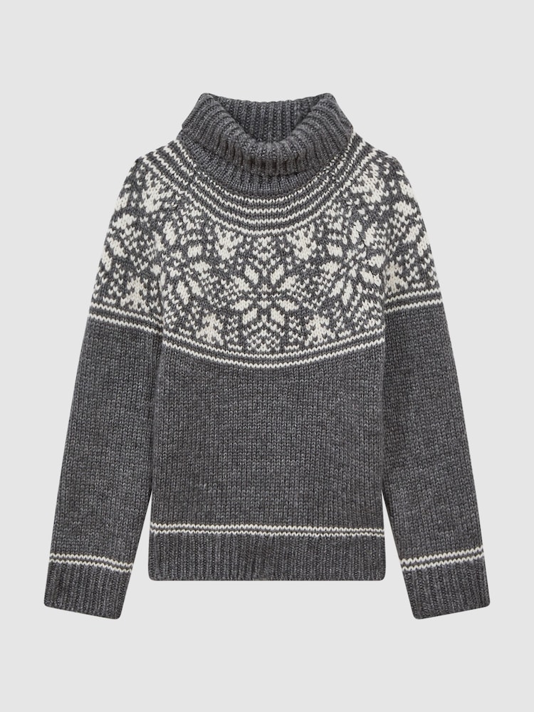 Reiss Charcoal Melange Abbotsford Knitted Fair Isle Pattern Roll Neck Jumper - Image 2 of 6