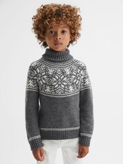Reiss Charcoal Melange Abbotsford Knitted Fair Isle Pattern Roll Neck Jumper - Image 4 of 6