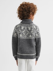 Reiss Charcoal Melange Abbotsford Knitted Fair Isle Pattern Roll Neck Jumper - Image 5 of 6