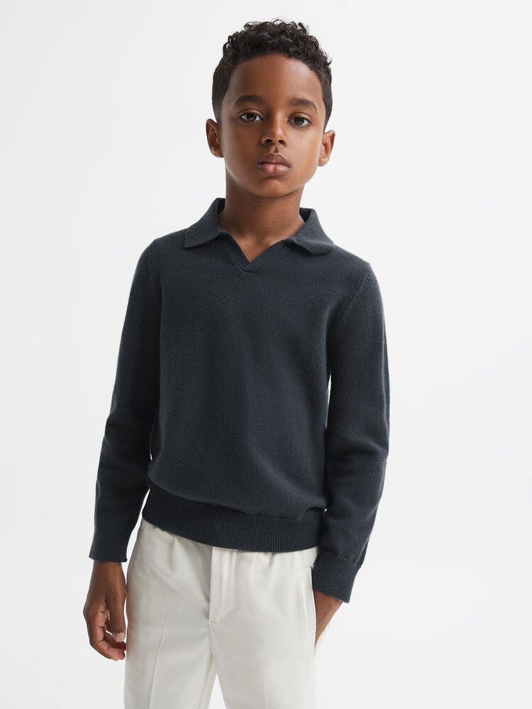 Reiss Anthracite Grey Swifts Senior Wool Open Collar Top - Image 1 of 5 Reiss Anthracite Grey Swifts Senior Wool Open Collar Top - Image 1 of 5