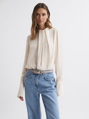 Reiss Cream Paloma Pleat Front Long Sleeve Blouse - Image 1 of 4