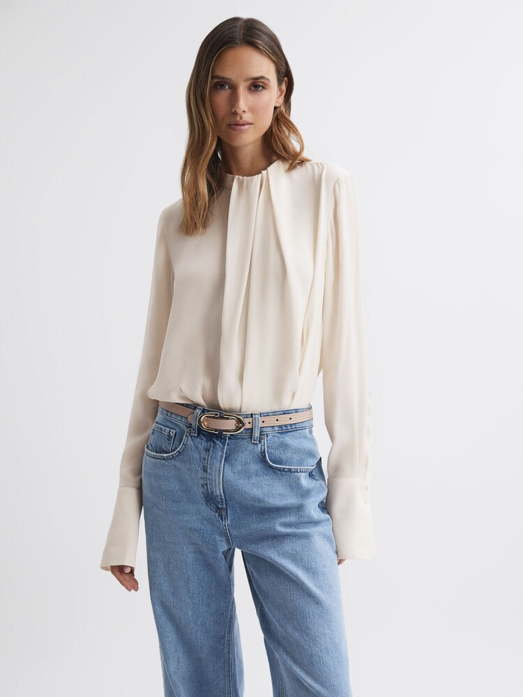 Reiss Cream Paloma Pleat Front Long Sleeve Blouse - Image 1 of 4 Reiss Cream Paloma Pleat Front Long Sleeve Blouse - Image 1 of 4